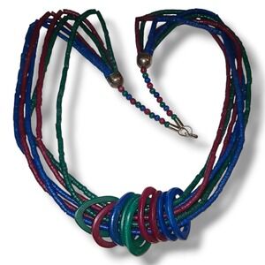 Vintage Wood Bead Statement Necklace Multi Strand Red Blue Green 80s 28in